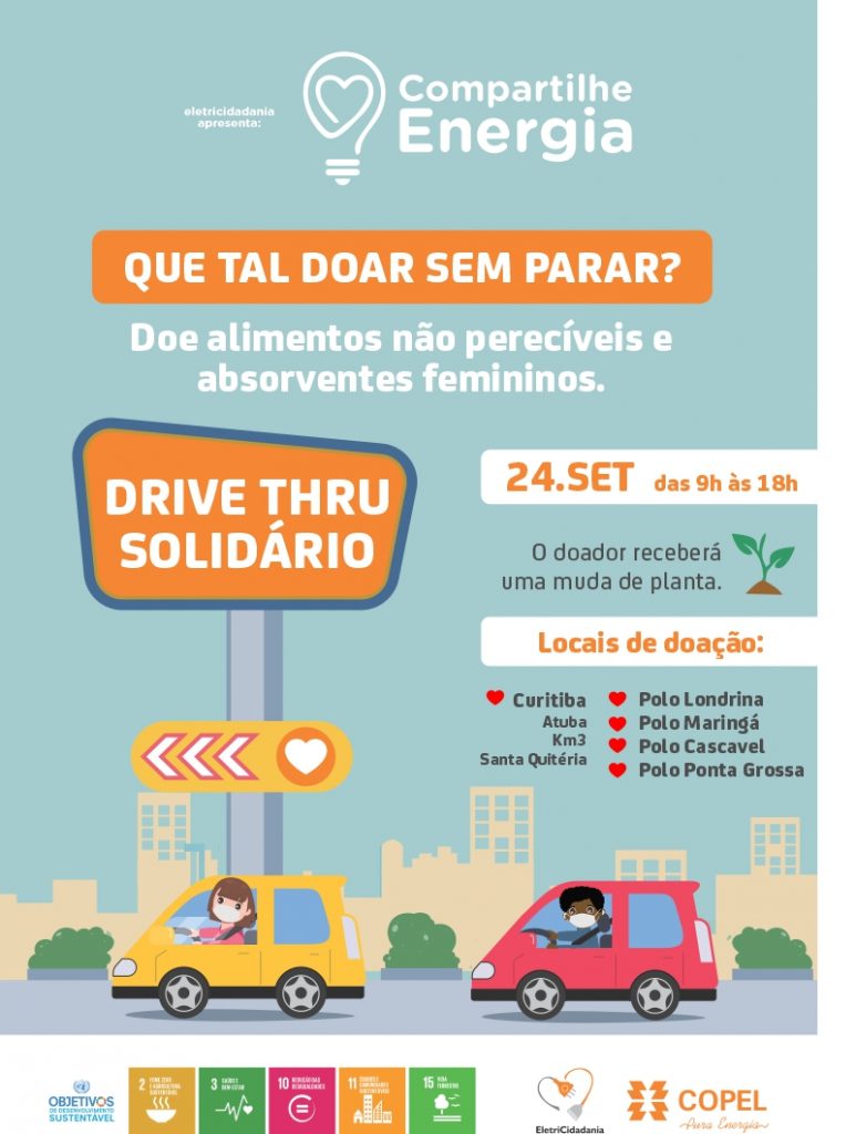 Cartaz digital com o desenho de duas mulheres em dois carros em uma via. Textos: Que tal doar sem parar? Doe alimentos não perecíveis e absorventes femininos. Drive thru Solidário. 24 set das 9h às 18h.