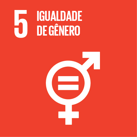 Ícone do Objetivo de Desenvolvimento Sustentável 5, com fundo vermelho, texto em caracteres brancos "5 igualdade de gênero" e símbolos feminino, do círculo com cruz, e masculino, do círculo com flecha, mesclados com sinal de igual no meio.