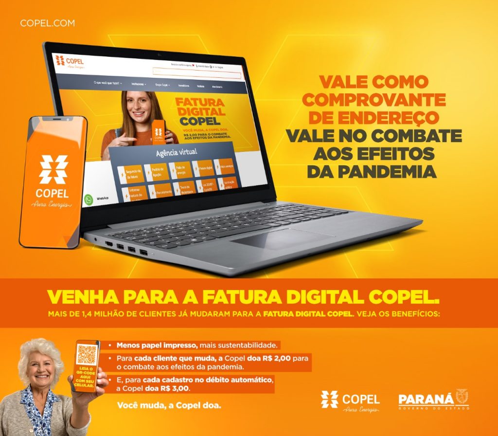 Anúncio da campanha de adesão à fatura digital. Celular e notebook conectados ao site e aplicativo da Copel. Moça jovem e senhora mostrando celular.