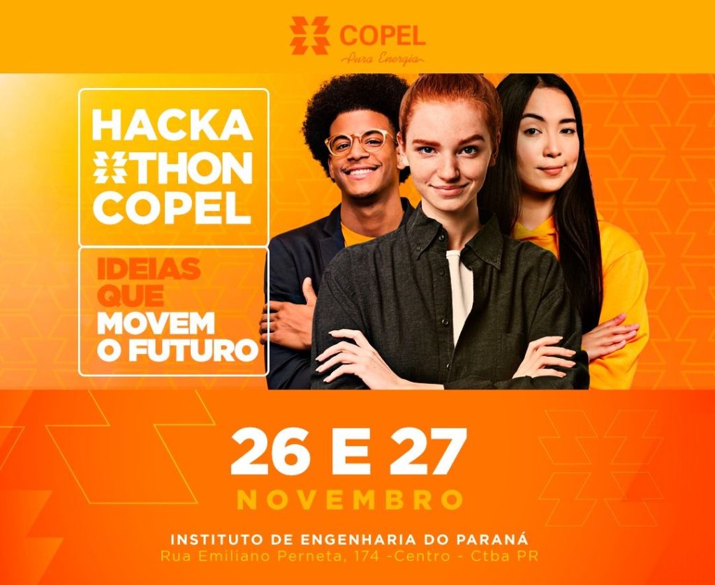 Três pessoas jovens sobre fundo laranja e amarelo com os dizeres Hackaton Copel 26 e 27 de novembro