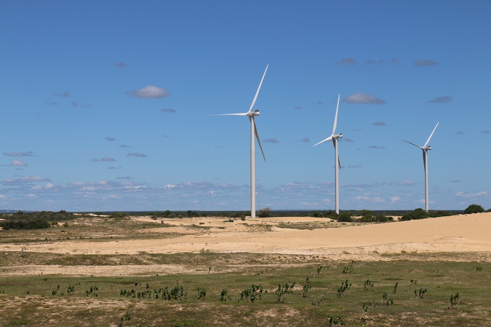 Paisagem em ambiente de areia e restinga, com três aerogeradores eólicos ao fundo