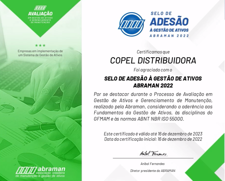 Certificado concedido pela Abraman, com faixa verde e texto explicativo