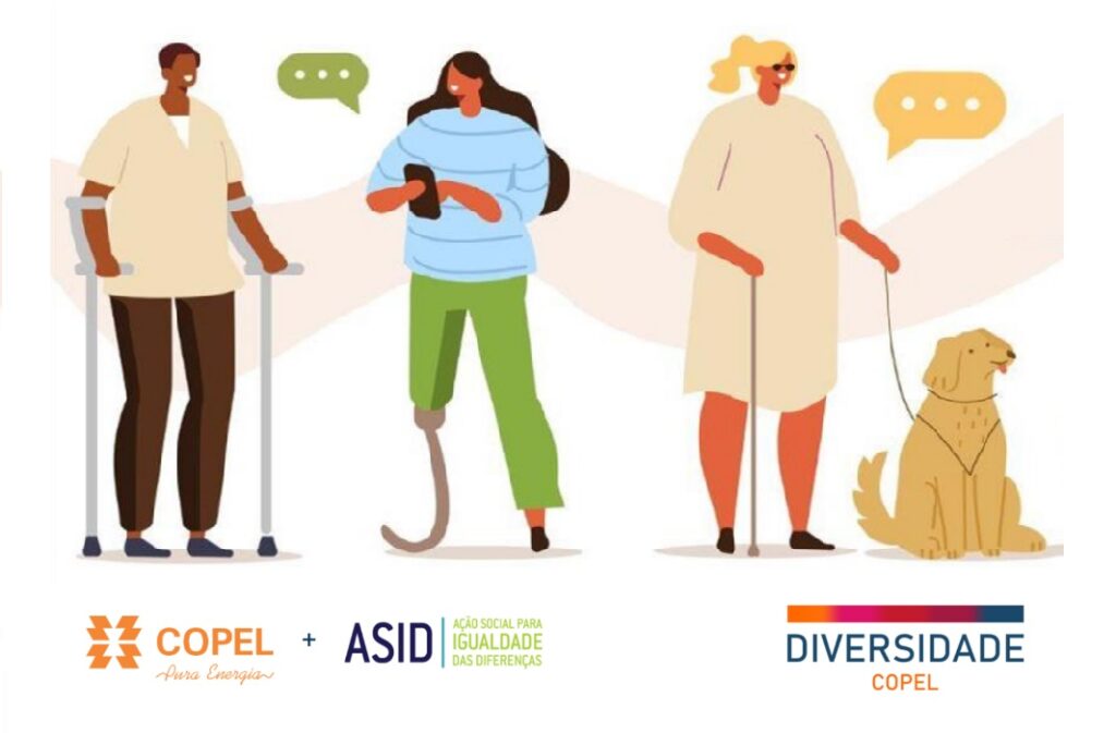 Capa do guia de acessibilidade. Ilustração de três pessoas com diferentes deficiências, uma delas com um cão guia ao lado.