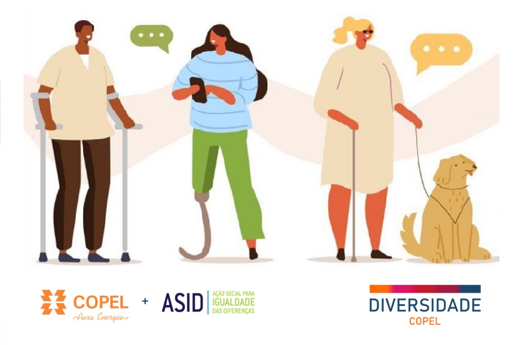 Capa do guia de acessibilidade. Ilustração de três pessoas com diferentes deficiências, uma delas com um cão guia ao lado.