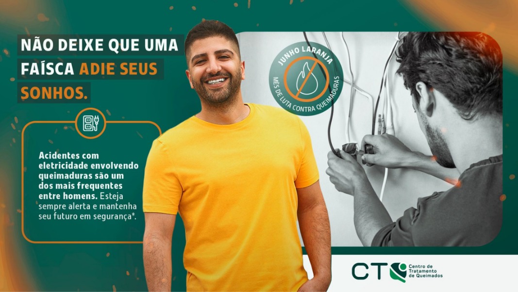 Material de divulgação da campanha. Fundo verde com luzes laranjas. Figura masculina sorridente em cores. E figura masculina em preto e branco, de costas, mexendo em fios de energia