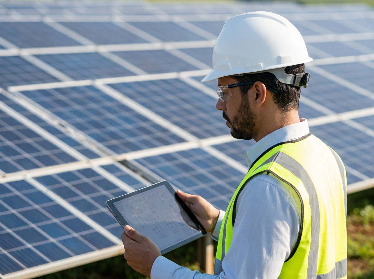 Engenheiro elétrico em campo realizando vistoria técnica de usina solar