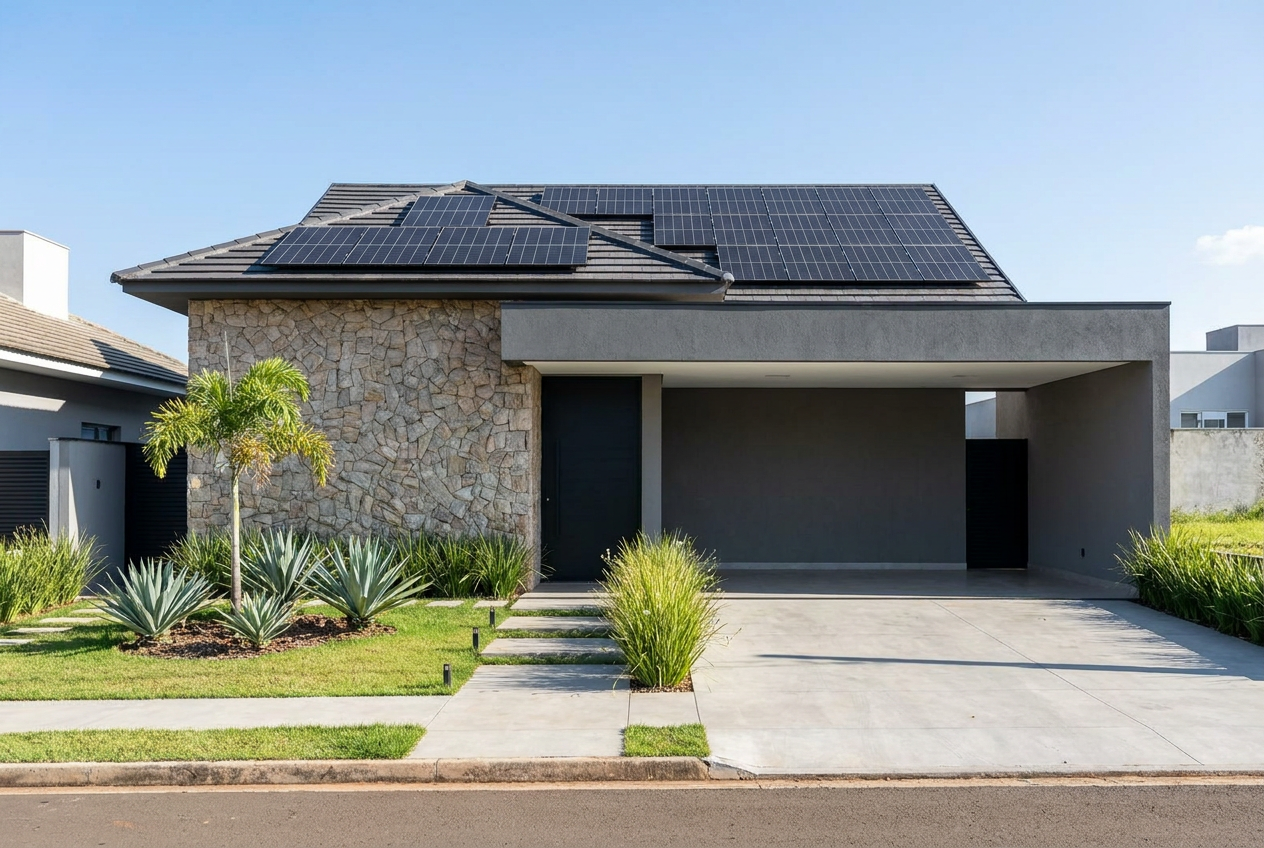 Residência moderna com módulos solares fotovoltaicos no telhado